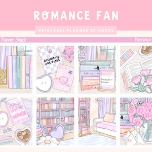 May include: Printable planner stickers featuring a romantic theme with illustrations of books, candles, flowers, and a bookshelf. The text "Romance Fan" and "The Planner Shack" are also included.