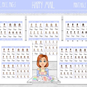 May include: Printable sticker sheets featuring a cartoon character with different facial expressions and hairstyles. The stickers are designed for planners and journals. The text "HAPPY MAIL" is visible at the top of the image.