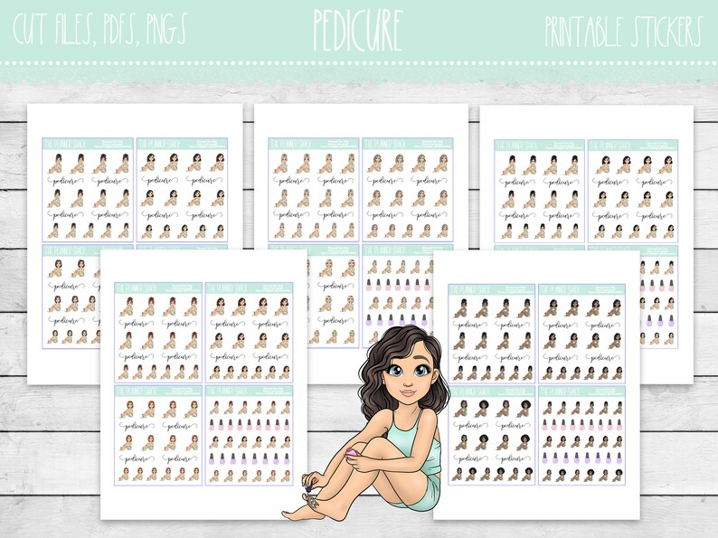 May include: Printable sticker sheets featuring illustrations of people getting pedicures. The stickers are designed for use in planners and journals. The sheets include various skin tones and nail polish colors.