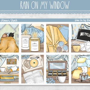 May include: A set of nine digital planner stickers featuring cozy rainy day themes. The stickers include illustrations of cats, candles, a cup of tea, a bowl of soup, a book, a box of tea bags, a mug of hot chocolate, a laptop, and takeout containers. The stickers are designed in a watercolor style with a light blue and yellow color scheme.