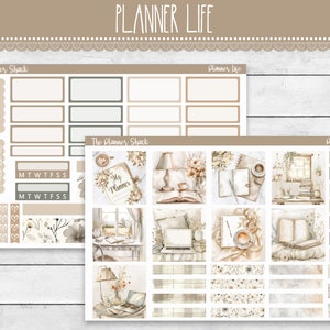 Könnte beinhalten: Ein Satz Planer-Aufkleber mit Aquarell-Ästhetik. Die Aufkleber zeigen verschiedene Designs, darunter ein Buch, eine Lampe, eine Tasse Kaffee und ein Fenster. Die Aufkleber sind in Braun-, Beige- und Weißtönen gehalten. Der Text "The Planner Shack" und "Planner Life" ist auf den Aufklebern enthalten.