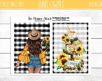 May include: A digital planner dashboard with a black and white checkered background. The left side features a woman with long brown hair wearing a yellow shirt and denim shorts. The right side features a tiered tray with sunflowers, mugs, and signs that say "You are my sunshine", "Hello Summer", "Sunflower", and "Summer".