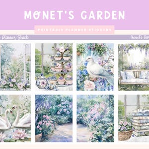 May include: Printable planner stickers featuring a watercolor illustration of a garden with flowers, a bird, a bench, and a tea set. The stickers are titled "Monet's Garden" and "The Planner Shack".