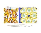 Tiles inspired handbag, vegan shoulder bag, Handpainted bag, no leather purse bag, Sorrento tiles, No Nickel, bag with chain, bridal bag