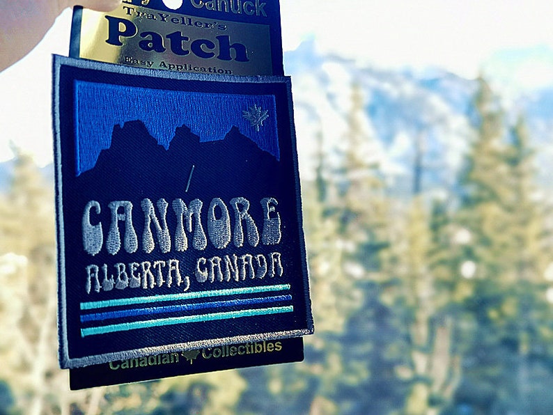 Travel Patch Iron on Patch Canmore Patch Sew on patch Rockies Patch Mountain Backpack Patch Canmore three sisters Mountain