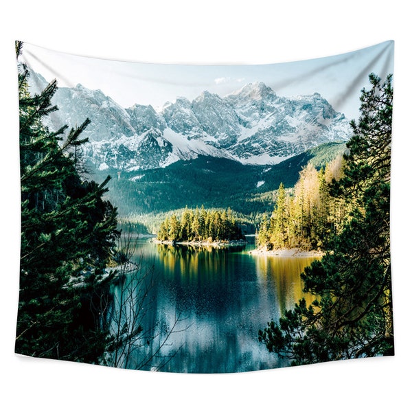 Mountain tapestry / wall hanging tapestry / Mountain lakeside wall decor / Rocky Mountain Tapestry