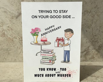 Murder Mystery Anniversary Card, Murder Birthday Card, Library, Book Lover, True Crime Anniversary Card, You Know Too Much, Who Done It, 5x7