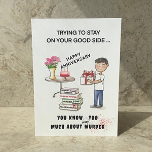 Murder Mystery Anniversary Card, Murder Birthday Card, Library, Book Lover, True Crime Anniversary Card, You Know Too Much, Who Done It, 5x7