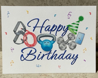 Workout Essentials Card, Birthday Card, Gym Group Class, Fitness Instructor, Crossfit, Personal Trainer, Kettlebell, Physical Exercise, 5x7
