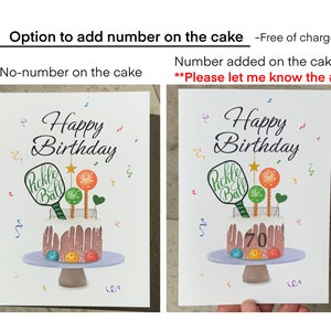 May include: Two images of a cake decorated with a pickleball paddle and balls. The cake on the left has no number on it. The cake on the right has the number 70 on it. The text on the card reads "Happy Birthday" and "Please let me know the #".