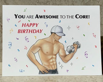 Fitness Birthday Card for Him, Awesome To The Core, Washboard Abs, Muscular, Strong Man, Ab Muscles, Weightlifting, Gym Workout, Trainer 5x7