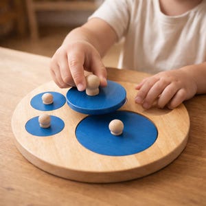 Op de afbeelding: Houten educatief speelgoed met een lichtbruine basis en vier blauwe cirkels. Elke cirkel heeft een houten knop. De hand van een kind wordt getoond die een van de knoppen optilt.