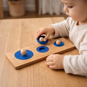 Op de afbeelding: Een houten educatief speelgoed met een rechthoekige basis en drie blauwe cirkelvormige inzetstukken. Elk inzetstuk bevat een houten bol. Een kinderhand plaatst een bol in een van de inzetstukken. Het speelgoed ligt op een lichtbruin houten oppervlak.