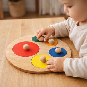 May include: Wooden educational toy with a circular design. The toy features a light wood base with inset colored circles in red, green, blue, yellow, and orange. Small wooden spheres are placed on top of the circles. A child's hands are interacting with the toy.