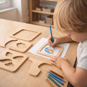 Può includere: Un bambino disegna con una matita blu all'interno di una cornice di legno su un foglio di carta bianco. Diverse cornici di legno e matite sono su un tavolo di legno di colore chiaro. Le cornici hanno forme diverse, tra cui un quadrato.