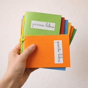 Pode incluir: Uma mão segura uma pilha de livros pequenos e coloridos. Os livros são de várias cores, incluindo verde, laranja, azul, vermelho e amarelo. Cada livro tem uma etiqueta branca com texto manuscrito. O livro de cima é verde e diz "prima libro". O livro laranja diz "quarta libro".