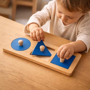 Op de afbeelding: Houten vormpuzzel met een cirkel, driehoek en vierkant, elk met blauwe inzetstukken en houten knoppen. De puzzel ligt op een lichtgekleurde houten plank. Het kind is bezig met de puzzel.