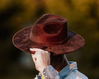 Wide Brim Vegan Suede Fedora | Boho Flat Brim Hat - LAVATERA