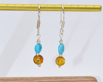 Turquoise Amber Earrings, Silver Earrings with Gemstone, Handmade Earrings, One of a kind Jewelry