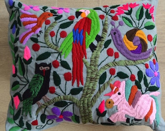 Pillow cover hand embroidered, Mexican decoration, Pillow animals, Colorful home decor, Handmade cushion