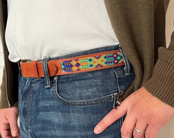 SIZE 32 | Bohemian Leather Belt, Premium Woven Belt, Handmade Leather Belt, Unisex Belt Women Men, Embroidered Belt