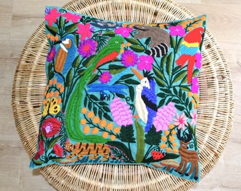 Made in Mexico pillow cover, Colorful Mexican hand embroidery