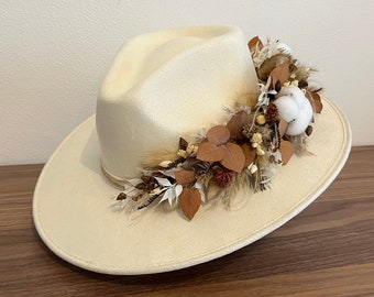 Dried Flowers Fedora | Wide Brim Fedora | Wide Brim Hat Women Men | Hat For Women Men | Fedora Hat | Hat Flowers | ANTHEA