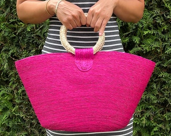 Boho Palm Leaf Beach Bag, Bright Pink Summer Tote