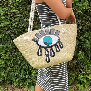 Boho palm bag with evil eye patch, Basket straw bag, Handmade summer bag, Stylish beach bag