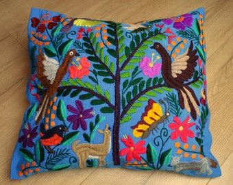 Mexican hand embroidered traditional pillow cover from Zinacantan Chiapas Animalitos embroidery