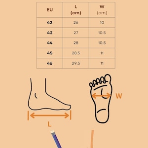 May include: Size chart for men's shoes in European sizes (EU), length (L) in centimeters (cm), and width (W) in centimeters (cm). The chart shows sizes 42 to 46 with corresponding measurements. An illustration shows how to measure the length and width of a foot.