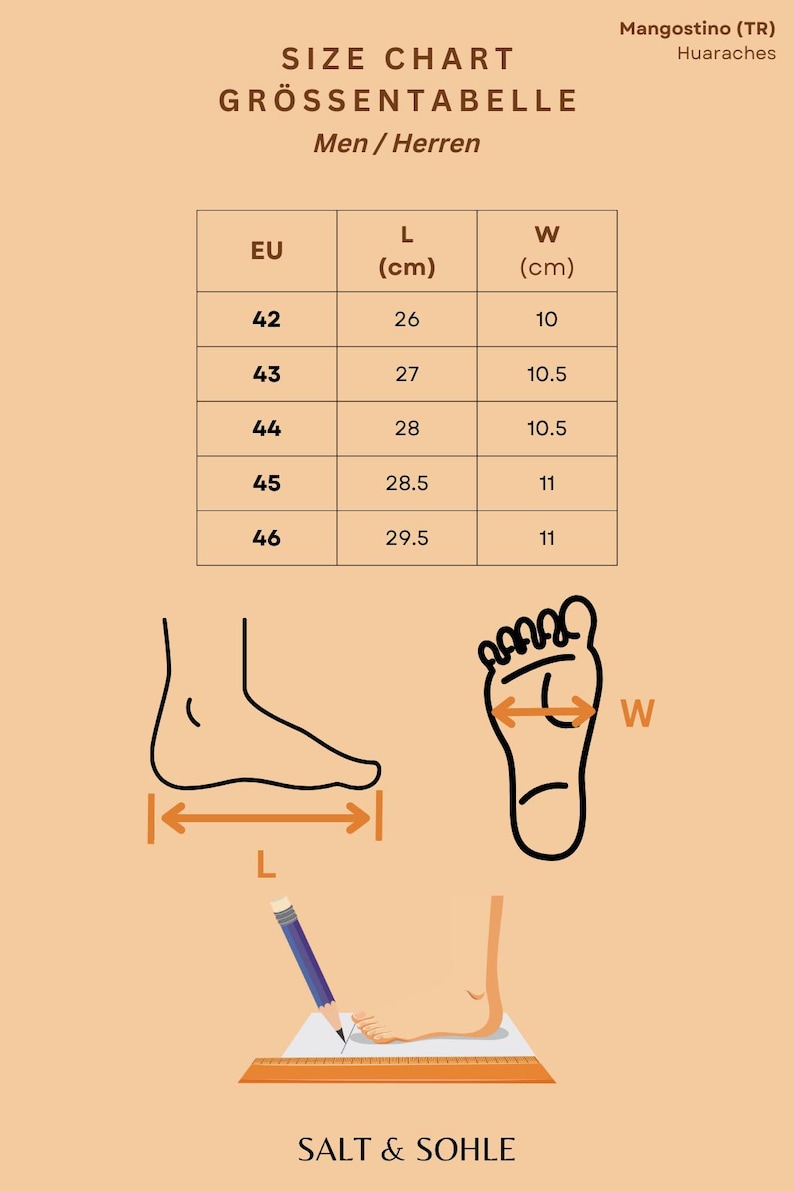 May include: Size chart for men's shoes in European sizes (EU), length (L) in centimeters (cm), and width (W) in centimeters (cm). The chart shows sizes 42 to 46 with corresponding measurements. An illustration shows how to measure the length and width of a foot.