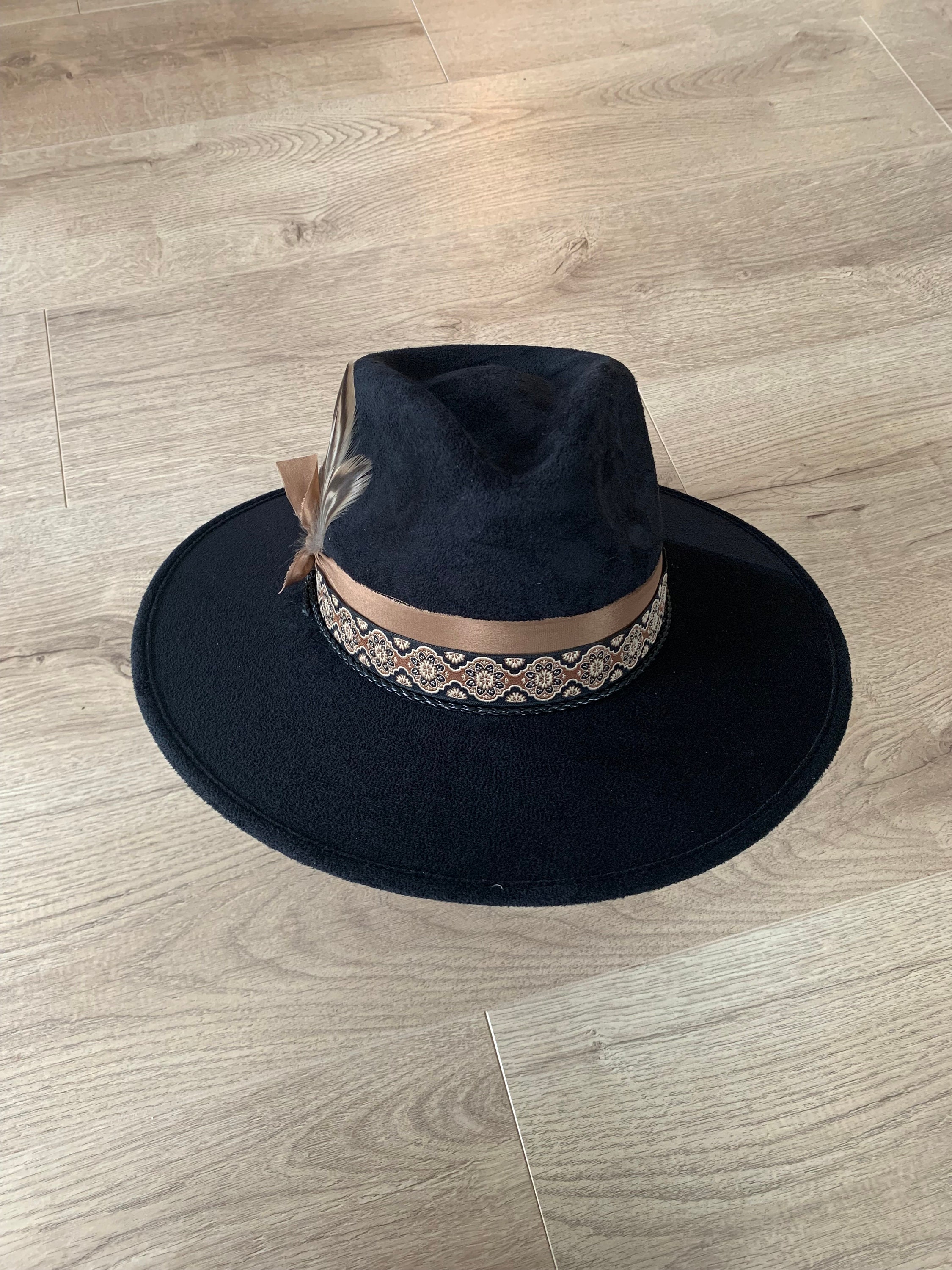 Black Flat Brim Hat With Feathers for Men and Women Wide Etsy Ireland