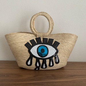 Boho palm bag with evil eye patch, Basket straw bag, Handmade summer bag, Stylish beach bag