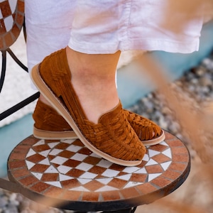 Brown Suede Huarache Sandals for Women | Handmade Summer Shoes | Flat Boho Sandals | Mexican Leather Footwear | CAMU