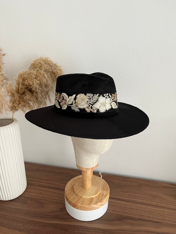 Wide Brim Fedora | Vegan Suede Hat With Floral Band  display picture 3