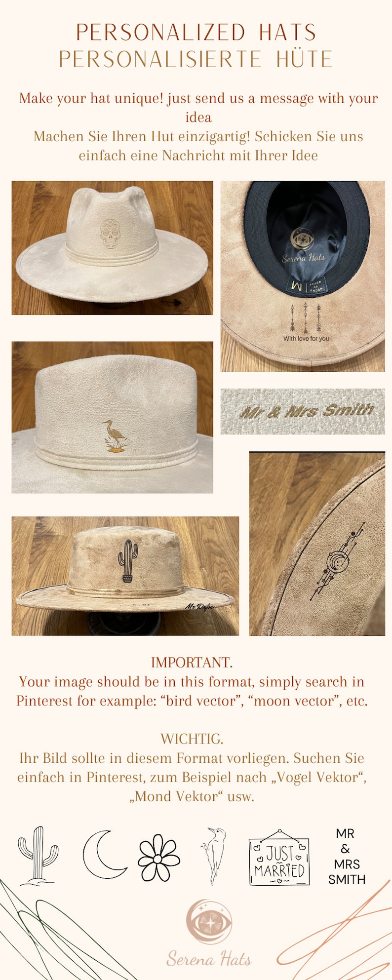 Peut inclure: Une collection de chapeaux personnalis&eacute;s avec diff&eacute;rents motifs, dont un cactus, un oiseau, une lune, une fleur et un panneau de mariage. Les chapeaux sont en mati&egrave;re beige clair et ont une large bordure. Le texte "Serena Hals" est visible sur l'image.