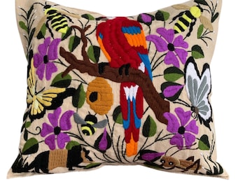 Pillow cover hand embroidered, Mexican decoration, Pillow animals, Colorful home decor, Handmade cushion