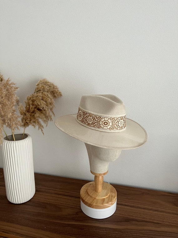 Wide Brim Vegan Suede Fedora Hat | Embroidered Band 