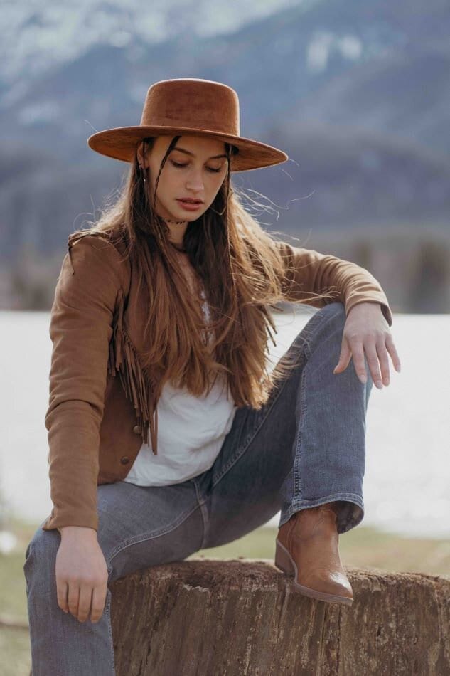 Wide Brim Vegan Suede Boater Hat Flat Brim Fedora - ABELIA