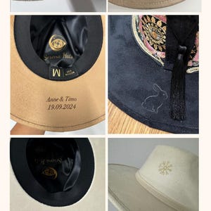 Peut inclure: Une collection de chapeaux personnalis&eacute;s avec diff&eacute;rents motifs et textes. Les chapeaux sont en feutre et ont une large bordure. Certains des motifs incluent un c&oelig;ur avec les initiales "M & A", un lapin, une fleur, un cactus, une lune, un pic-bois et une pancarte qui dit "Just Married".