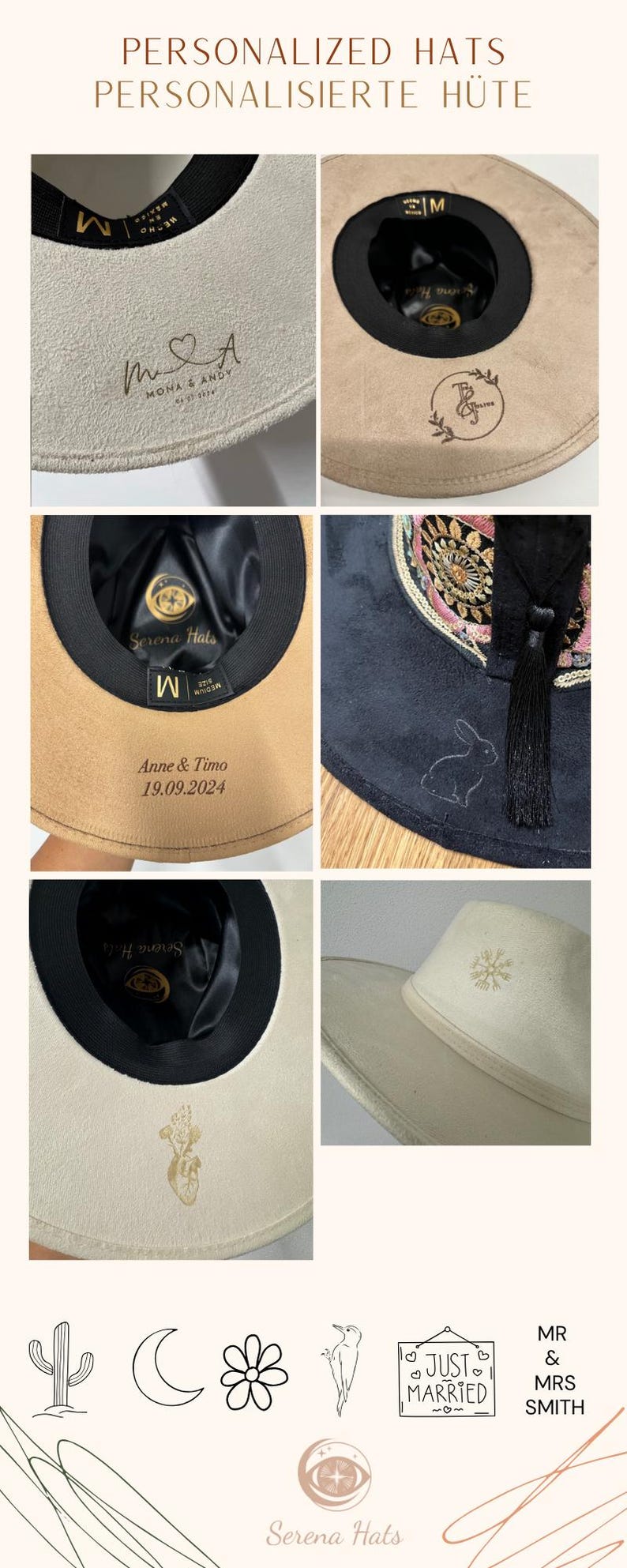 Peut inclure: Une collection de chapeaux personnalis&eacute;s avec diff&eacute;rents motifs et textes. Les chapeaux sont en feutre et ont une large bordure. Certains des motifs incluent un c&oelig;ur avec les initiales "M & A", un lapin, une fleur, un cactus, une lune, un pic-bois et une pancarte qui dit "Just Married".