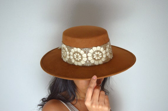 Wide Brim Suede Boater Hat | Daisy Lace Accent - DAISY - Etsy