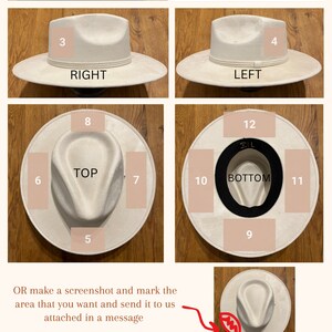 Peut inclure: Instructions pour personnaliser un chapeau. Choisissez une position sur le chapeau pour du texte ou une image. Choisissez une police pour le texte. L'image montre un chapeau fedora blanc avec des positions num&eacute;rot&eacute;es pour la personnalisation.