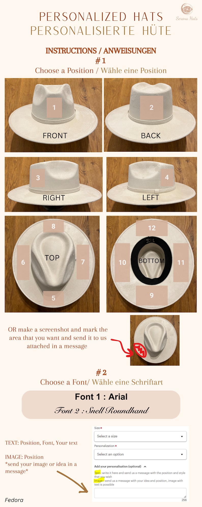 Peut inclure: Instructions pour personnaliser un chapeau. Choisissez une position sur le chapeau pour du texte ou une image. Choisissez une police pour le texte. L'image montre un chapeau fedora blanc avec des positions num&eacute;rot&eacute;es pour la personnalisation.