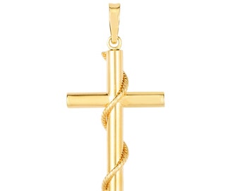 14K Yellow Gold Tube Cross with Rope Detail