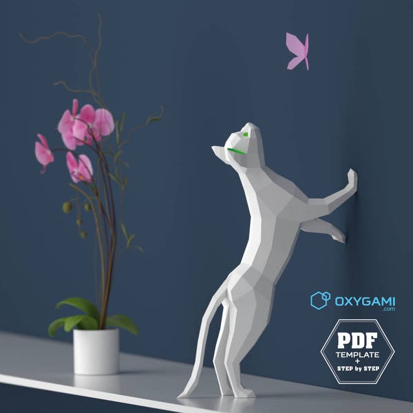 Gato em papel, modelo PDF 3D, animais em papel, faça você mesmo com baixo polígono, arte 3D em papel faça você mesmo, estátua de papel faça você mesmo, artesanato em papel, perfeito para uma mesa!