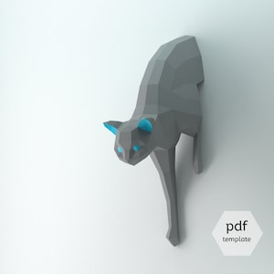 Half cat coming out of the wall: DIY this lowpoly 3D papercraft sculpture from PDF pattern step by step tutorial, Beginner friendly decor image 1