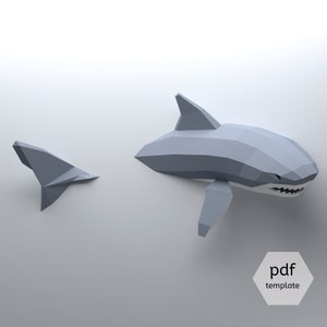 DIY Low Poly Shark 3D papercraft pattern: Decorate your walls with a 1-meter long Great White Shark - origami digital template - 3D puzzle