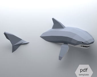 DIY Low Poly Shark 3D papercraft pattern: Decorate your walls with a 1-meter long Great White Shark - origami digital template - 3D puzzle